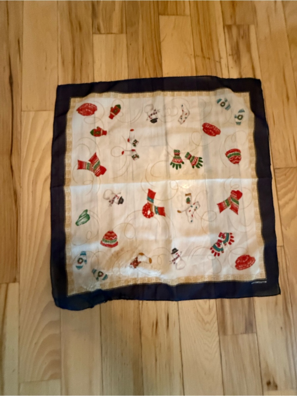 Vintage Liz Claiborne Christmas Winter Holiday Print Square Scarf Navy Blue